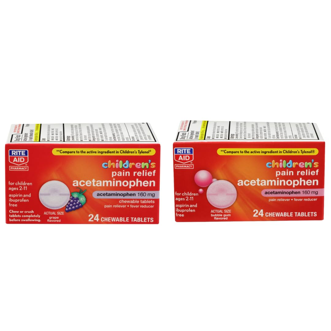 Rite Aid Children's Pain Relief Chewable Grape and Bubble Gum Tablets, Acetaminophen, 160 mg - 48 Count, Pain & Fever Relief for Kids Ages 2-11 Years