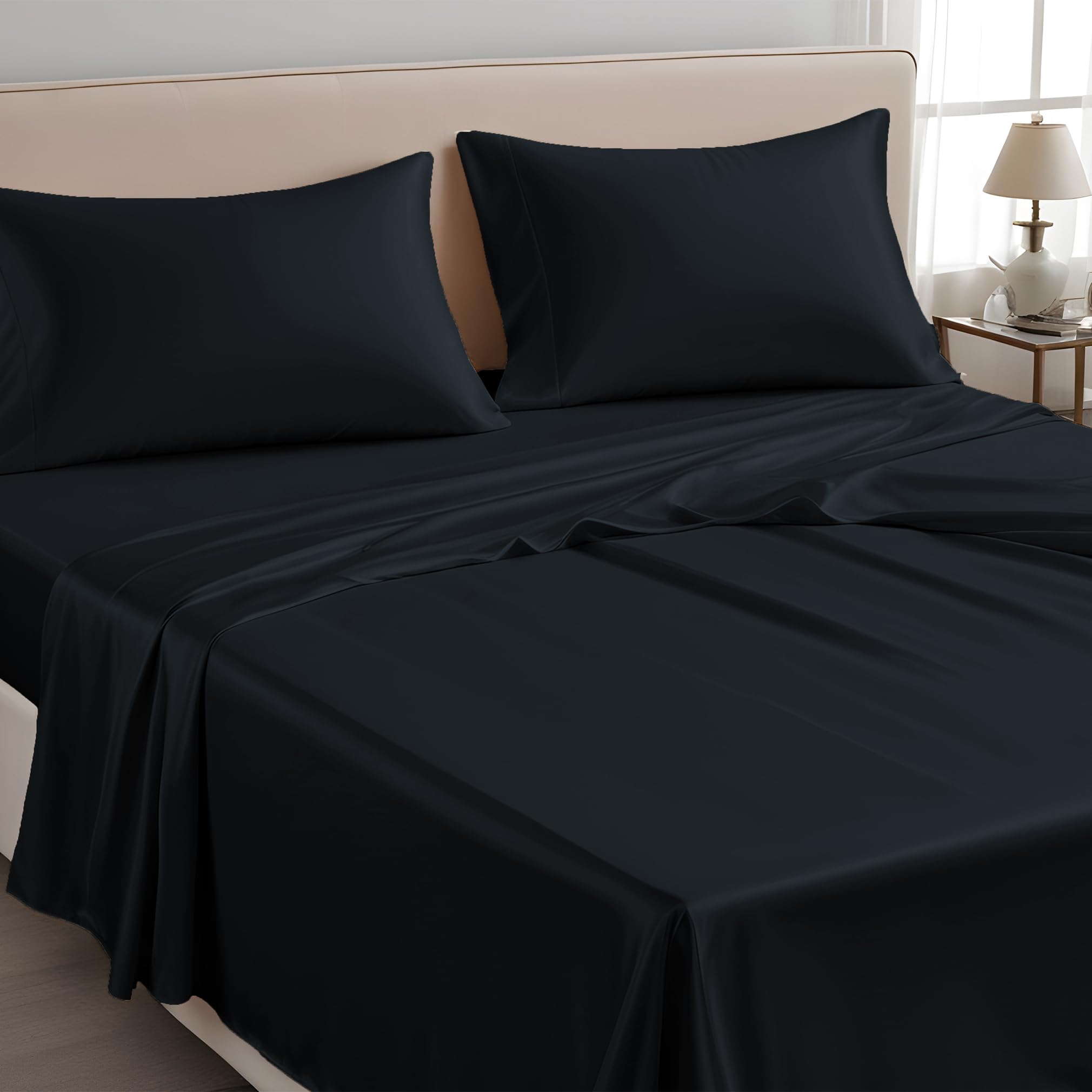 LINENWALAS SuperKing Flat Sheet Only, 100% Tencel Soft Silk Cooling Top Sheet Lyocell Bedding Perfect for Hair and Skin 300×275 CM (Jet Black, SuperKing)