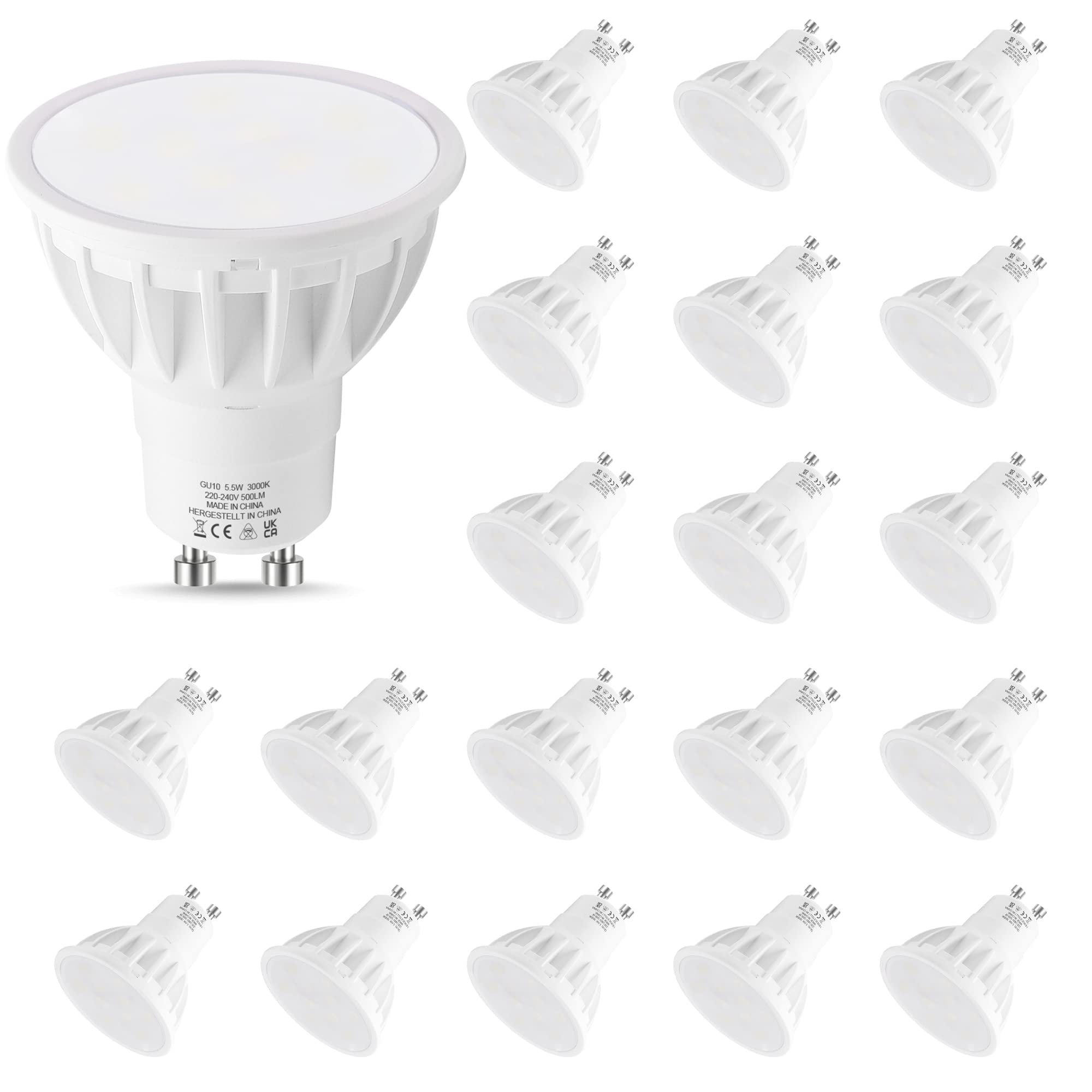 LEHASI 5.5W LED GU10 Bulbs Warm White 3000K, 50W Halogen Equivalent, 500LM, 120° Beam Angle, Non Dimmable, Pack of 20