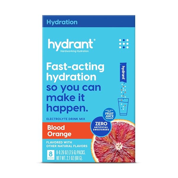 HYDRANT HYDRATE, INDIVIDUAL HYDRATION ELECTROLYTE POWDER STICK PACKETS WITH NO ARTIFICIAL SWEETENERS, COLORS, OR FILLERS (BLOOD ORANGE, 8 PACK)