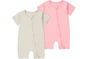 MICHLEY Babycostume Bamboo Short Sleeve Summer Clothes 2 Pack, Unisex Newborn Zipper Toddler Clothes for Girls and Boys