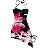 Milumia Women's Floral Halter Mini Dress Tie Backless Drawstring Asymmetrical Hem Short Dresses