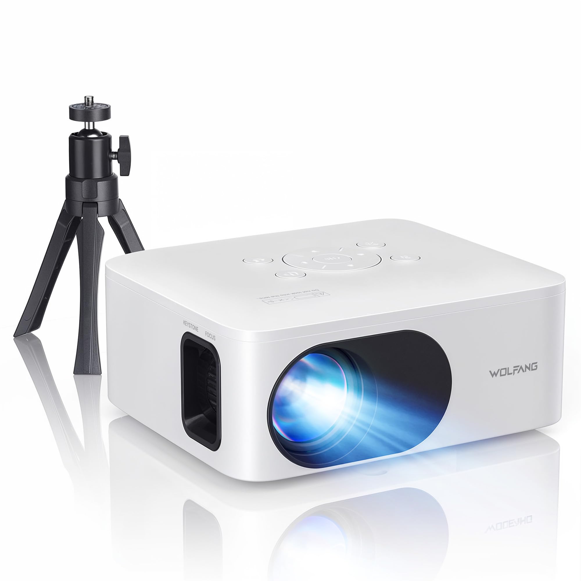 WOLFANG Mini Projector with Tripod, 1080P Full HD Portable Phone Projector, Outdoor Home Theater Movie Projector Compatible with HDMI, USB, Smartphone, Tablet, PC, TV Stick, AV, Micro SD Card