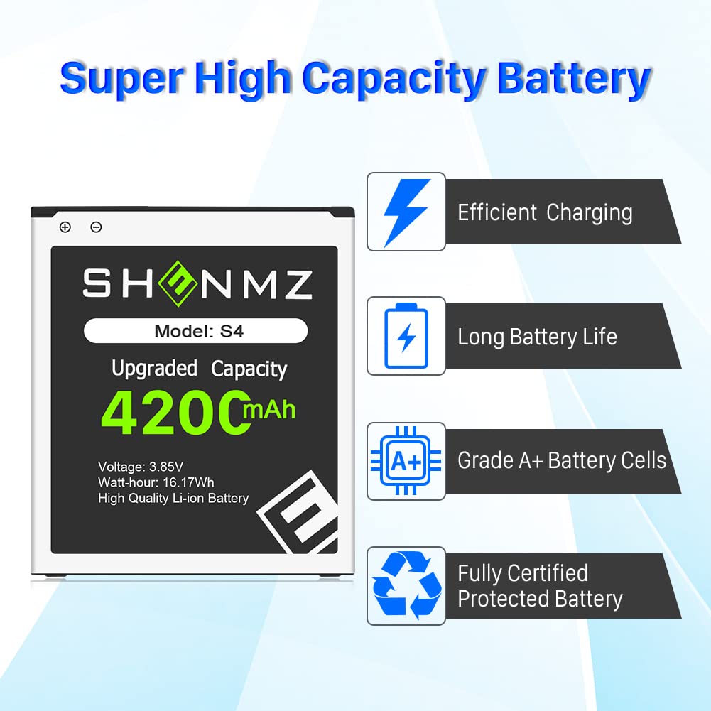 SHENMZ Galaxy S4 Battery,Upgraded 4200mAh Li-ion Replacement Battery for Samsung Galaxy S4 EB-B600BE,AT&T I337,Verizon I545,Sprint L720,T-Mobile M919,R970,I9500,I9505,LTE I9506