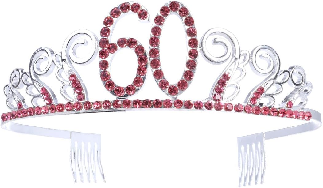 60th Birthday Crystal Tiara Queen Princess Crowns Dance Party Headband Red Rhinestone Hair Combs Clip for Women's 60th Birthday Party