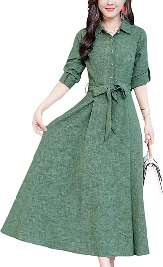 Amazon Innifer レディースワンピース ロング シャツワンピース マキシ 秋冬 無地 長袖 綿麻 おしゃれ 可愛い 着痩せ リボン付き 上品 リネン ハイウェスト 大人 ファッション 体型カバー 通勤 パーティー お呼ばれ 冬 ワンピース チュニック 通販