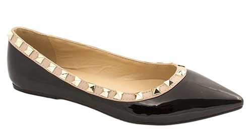 Elara Damen Ballerina Klassisch Nieten Spitze Lack