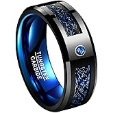 TUNGSTORY 8mm Black Celtic Dragon Tungsten Carbide Wedding Ring with Green Carbon Fiber and CZ Inlay Polished Finish Beveled Edge Size 6-16