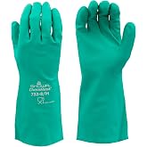 SHOWA 732 Chemical Resistant Glove, 15-mil Nitrile, Medium, 12-Pack | 15-mil thick chemical gloves with a 13-inch extended gauntlet and cotton flocked liner. CE Cat III &amp; Food Safe gloves.