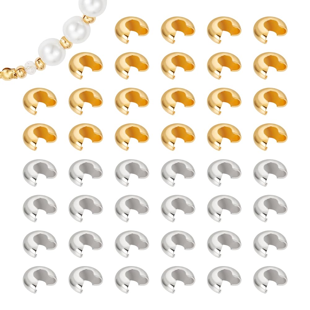 UNICRAFTALE 100pcs 2 Colors 304 Stainless Steel Crimp Beads Covers, 4.5mm, Gold & Stainless Steel, Classic, Polished, Jewelry Making