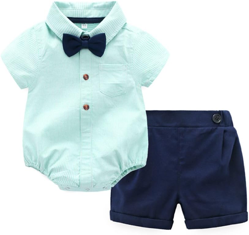 Tem Doger Baby Boys Casual Suit Cotton Short Sleeve Striped Button Down Bowtie Shirt Short Pant Clothes Set Outfit
