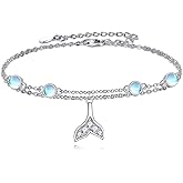 TIGER RIDER Moonstone Mermaid Tail 925 Sterling Silver Chain Anklet Cross Ankle Bracelets Beach Jewelry Gifts for Women