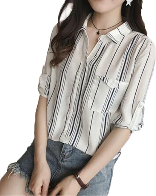Amazon Gudeke 折り襟 シャツ レディース ブラウス ストライプ 半袖 Tシャツ トップス 7分袖 チュニック カジュアル 着痩せ 柔らか 通勤 通学 Tシャツ カットソー 通販
