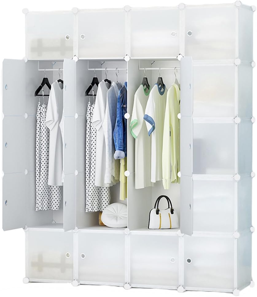 ETTBJA DIY Wardrobe Portable Translucent Clothes Organizer Modular Storage Unit Multi-Purpose Organizer (20 Cubes 3 Hanger Sections)