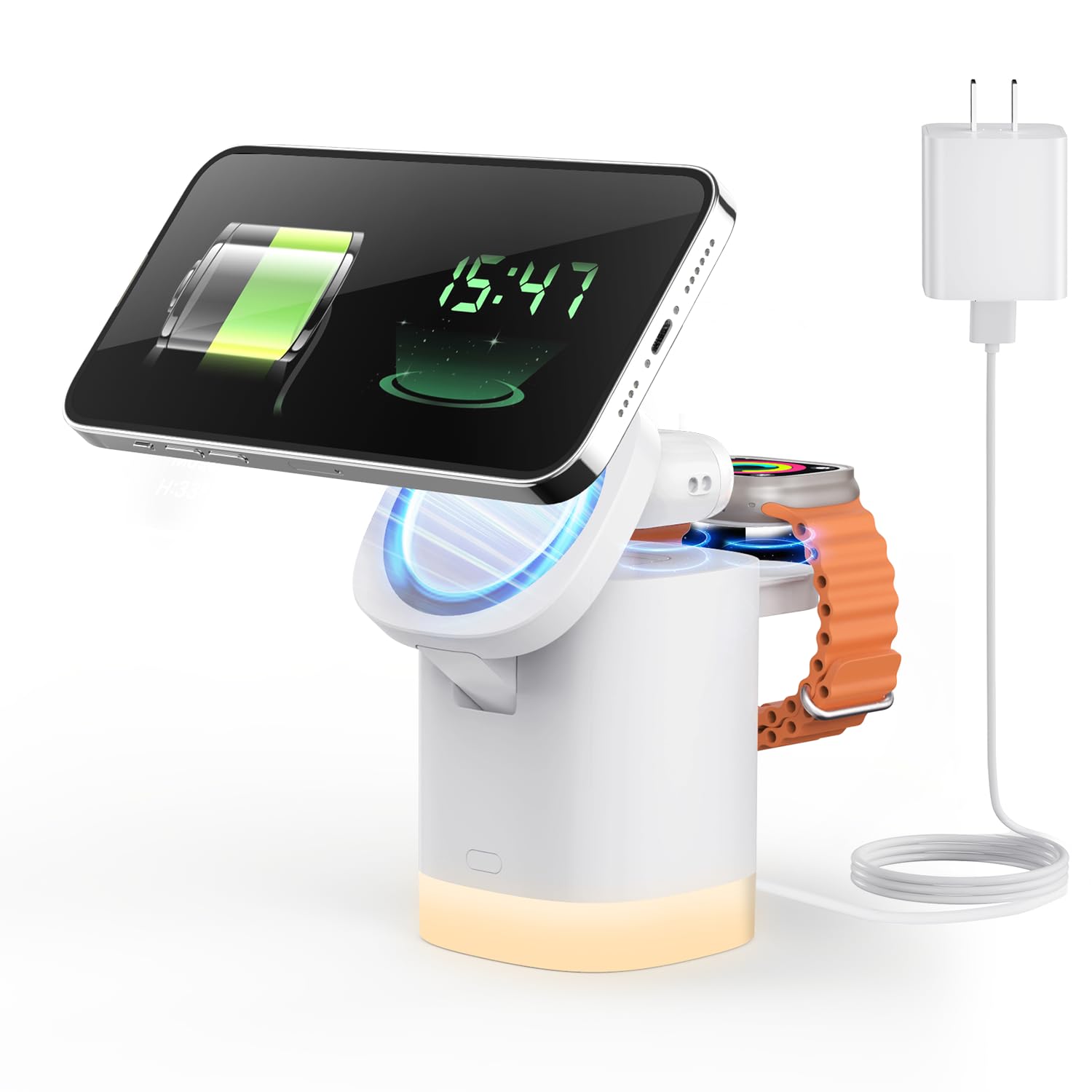 Photo 1 of Wireless Charging Station for iPhone Mag-Safe: JoyGeek 3-in-1 Foldable Charger Phone Stand Charger for iPhone 16/15/14/13/12 Pro/Max/Plus - for AirPods - for Apple Watch 2-10/Ultra
