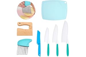 BBKON 7 Pieces Kids Knife Set, Toddler Knife for Cooking with Cutting Board Crinkle Cutter, Kids Safe Kitchen Knife Set for C