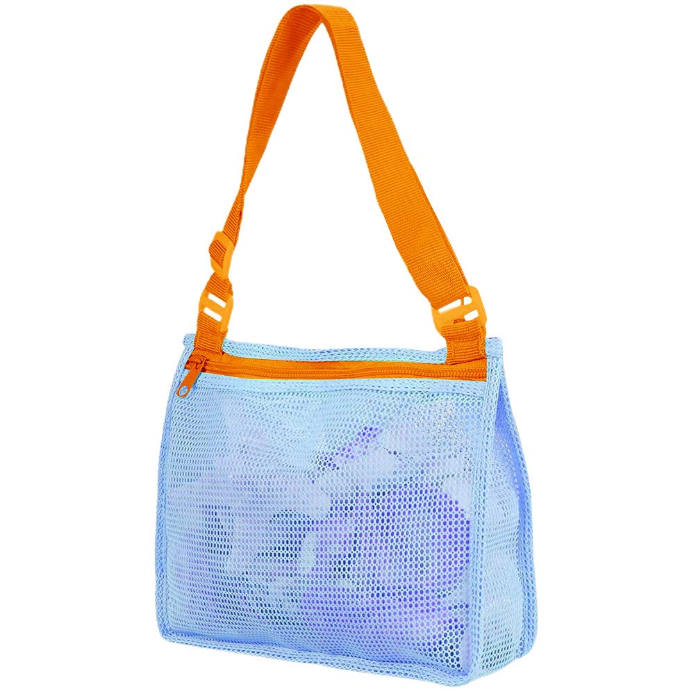 CICILIAYA Mesh Beach Bag, Shell Net Tote, Foldable Seashell Collecting Sand Bags for Kids Toddlers Boy Girl Holding Pool Beach Accessories Toy Shells Clothes Towels (Blue)