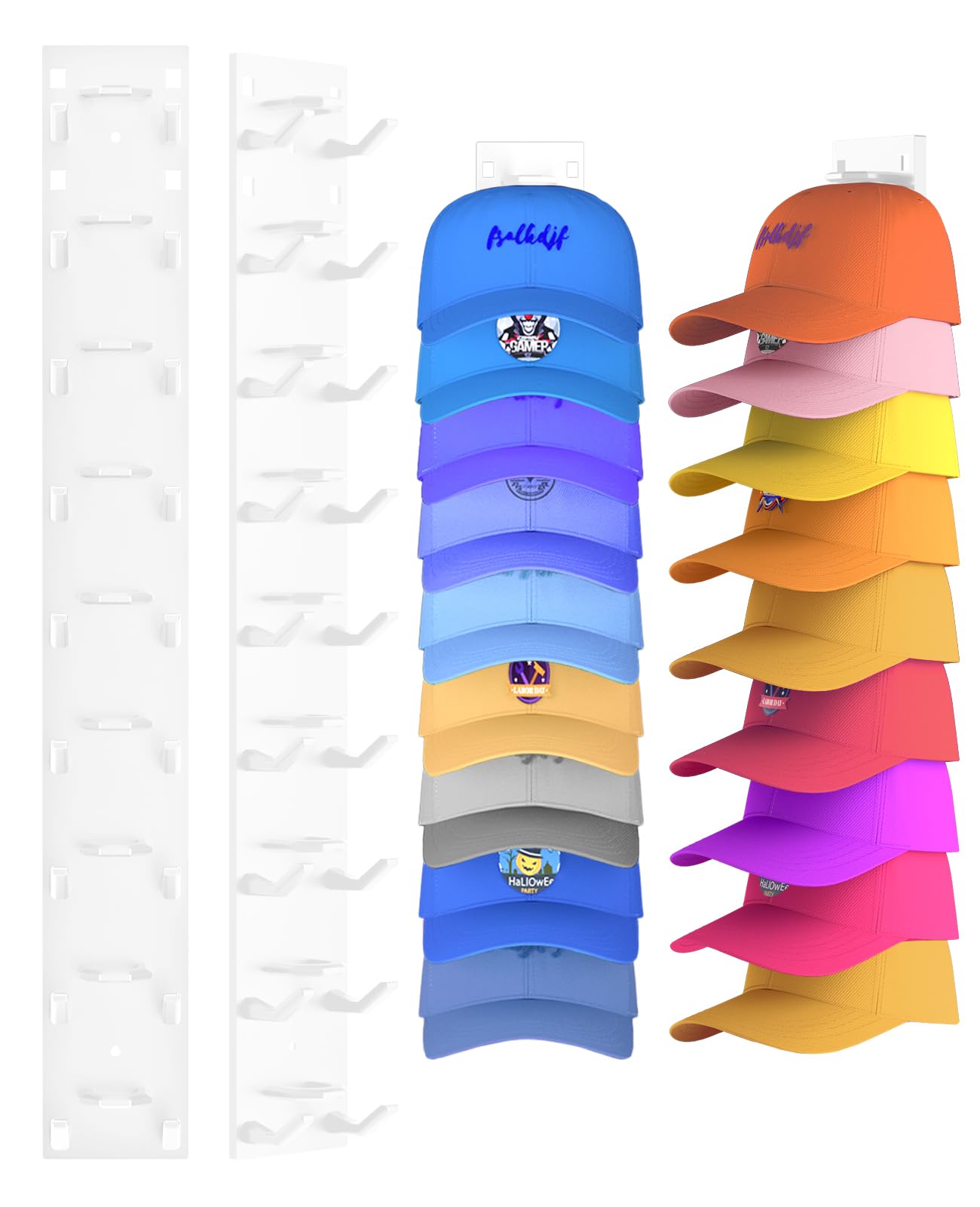 Photo 1 of 2 Pack Hat Organizer for Baseball Caps, Strong Adhesive Hat Rack for Wall, Multilayer Hat Storage Display Holder, Wall Mounted Hats Hooks Hold up to 18 Hats for Closet Door and Bedroom (White)