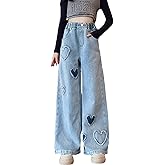 Milokado Kids Girls Baggy Jeans Heart Print Casual Wide Leg Loose fit Denim Pants Size 5-14 Years