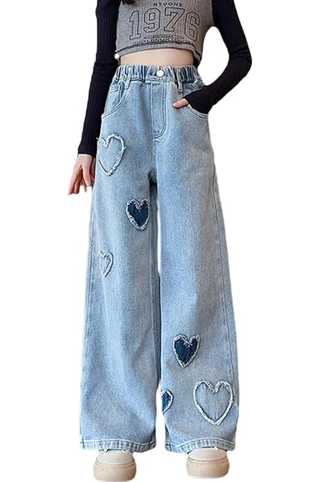 Amazon.com: 4-5 Years Big Girls Wide Leg Jeans Heart Embroidery 