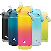 Konokyo Insulated Water Bottle with Straw Lid,18 oz Stainless Steel Vacuum Metal Bottle with Silicone Handle,Rainbow