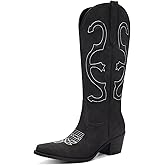 GPXGPX Women's Cowboy Boots Mid Calf Cowgirl Boots Pointed Toe Chunky Heel Fashion Embroidery Western Pull On Boots