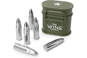 THE WINE SAVANT Bullet Whiskey Chillers Stones in Green Ammo Can - 1.75in Whiskey Rocks - Stainless Steel Bullet Shaped Ice Cubes, Gift Box Come, Tongs and Storage Bag, Whiskey or Scotch Rocks (Silver w/Green Case)
