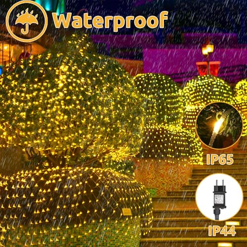 Joycome Outdoor Christmas Light Net 3 x 2 m 200 LED Net Lights with Plug, Timer, 8 Modes Christmas Tree Lights Waterproof Light Curtain for Balcony Garden Ceiling Terrace – Warm White