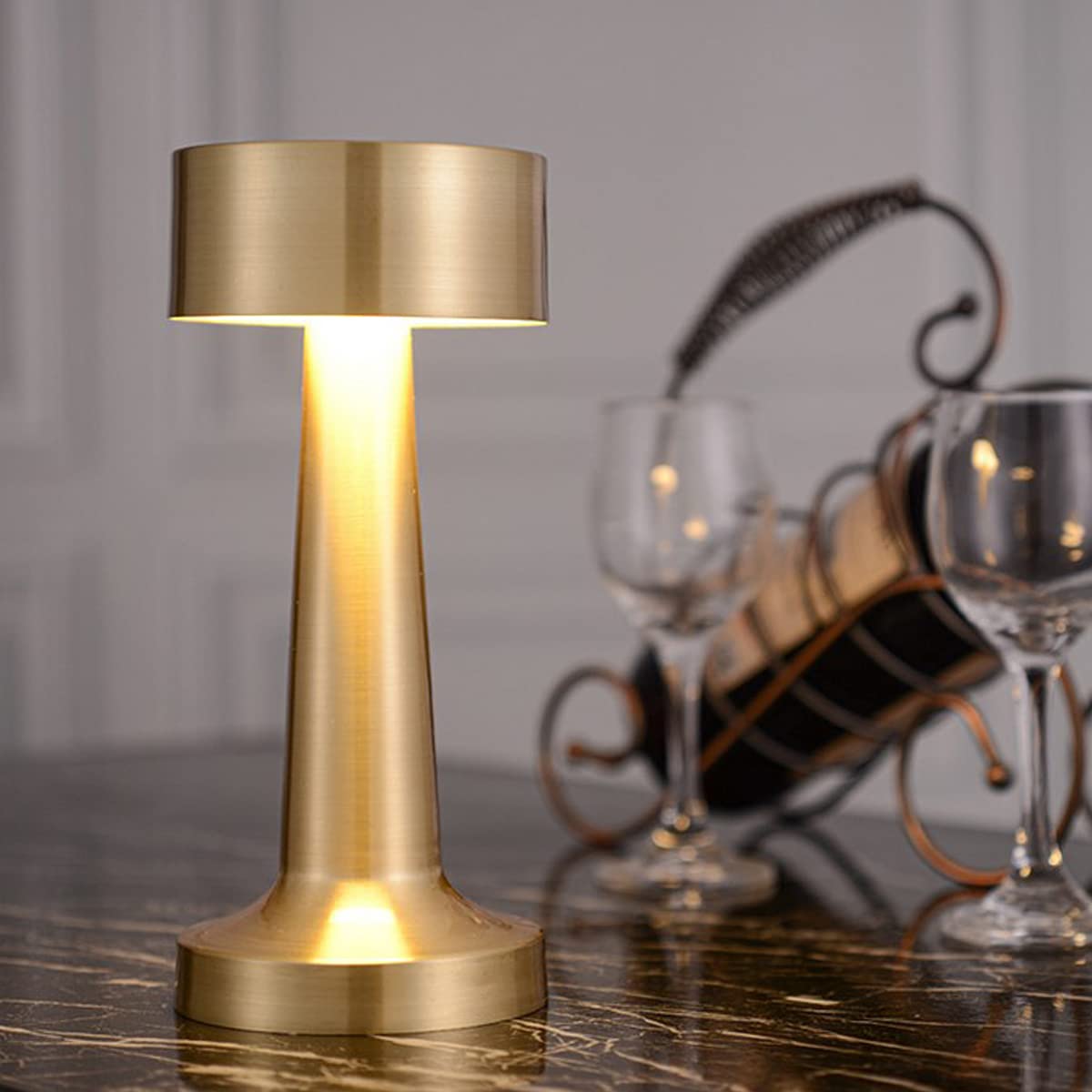 Cordless Table Lamp, Rechargeable Touch Control LED Desk Lamp with 3 Level Warm Brightness Dimming, Metal Eye-Protection Bedside Lamp Reading Light for Bedroom, Restaurant, Indoor Outdoor (Gold C)