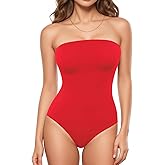 MANGOPOP Women‘s Strapless Thong Bodysuit Sexy Tube Top Off The Shoulder Double Lined Bodysuits Summer Going Out Tops