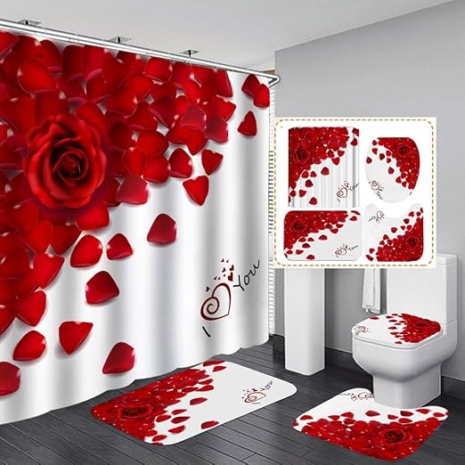Amazon Com Forart 4 Pcs Rose Flower Shower Curtain Sets Valentine S Day Decor With Non Slip Rugs Toilet Lid Cover And Bath Mat Rose Curtain Bathroom Accessories Set Home Kitchen
