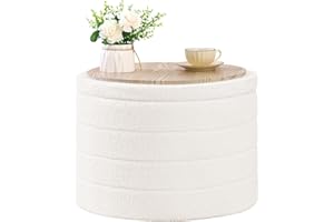 B FSOBEIIALEO Storage Ottoman with Tray, Round Sherpa Storage Ottoman Stool, Boucle Foot Rest Foldable Ottoman 56x56x40cm (Wh