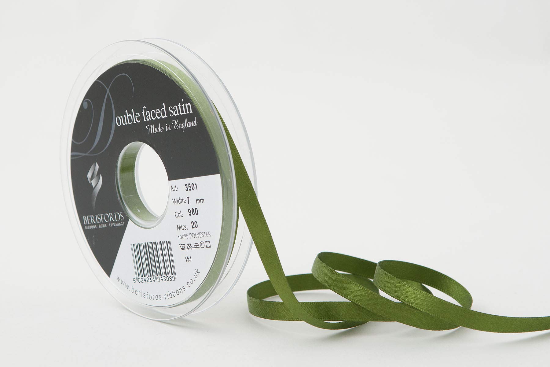 Berisfords Double Faced Satin Ribbon, Polyester, Cypress, 7 mm