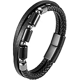 CARICY Mens Leather Braided Tiger Eye/Black Onyx Protection Healing Stone Bead Bracelet for Men Stainless Steel Clasp Cuff Bracelets Jewelry