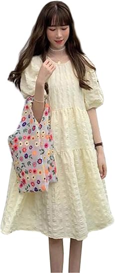 セイーワイ ワンピース レディース 夏 半袖 カジュアル ロングワンピース 無地 体型カバー おしゃれ オフィス カジュアル 着痩せ 体型カバー イエロー F ワンピース チュニック 通販 Amazon