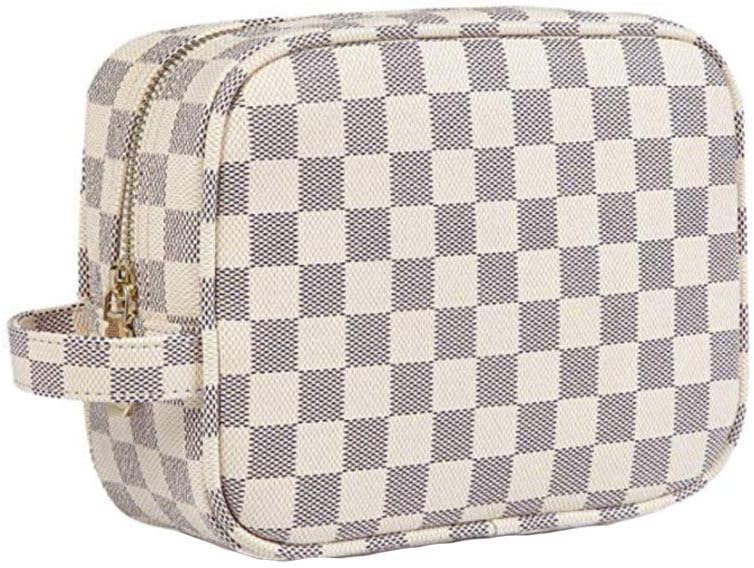 Cosmetic Bag Waterproof PU Leather Travel Make Up Bag Luxury Checkered Multifunction Makeup Pouch Toiletry Bag Organizer for Women Beige