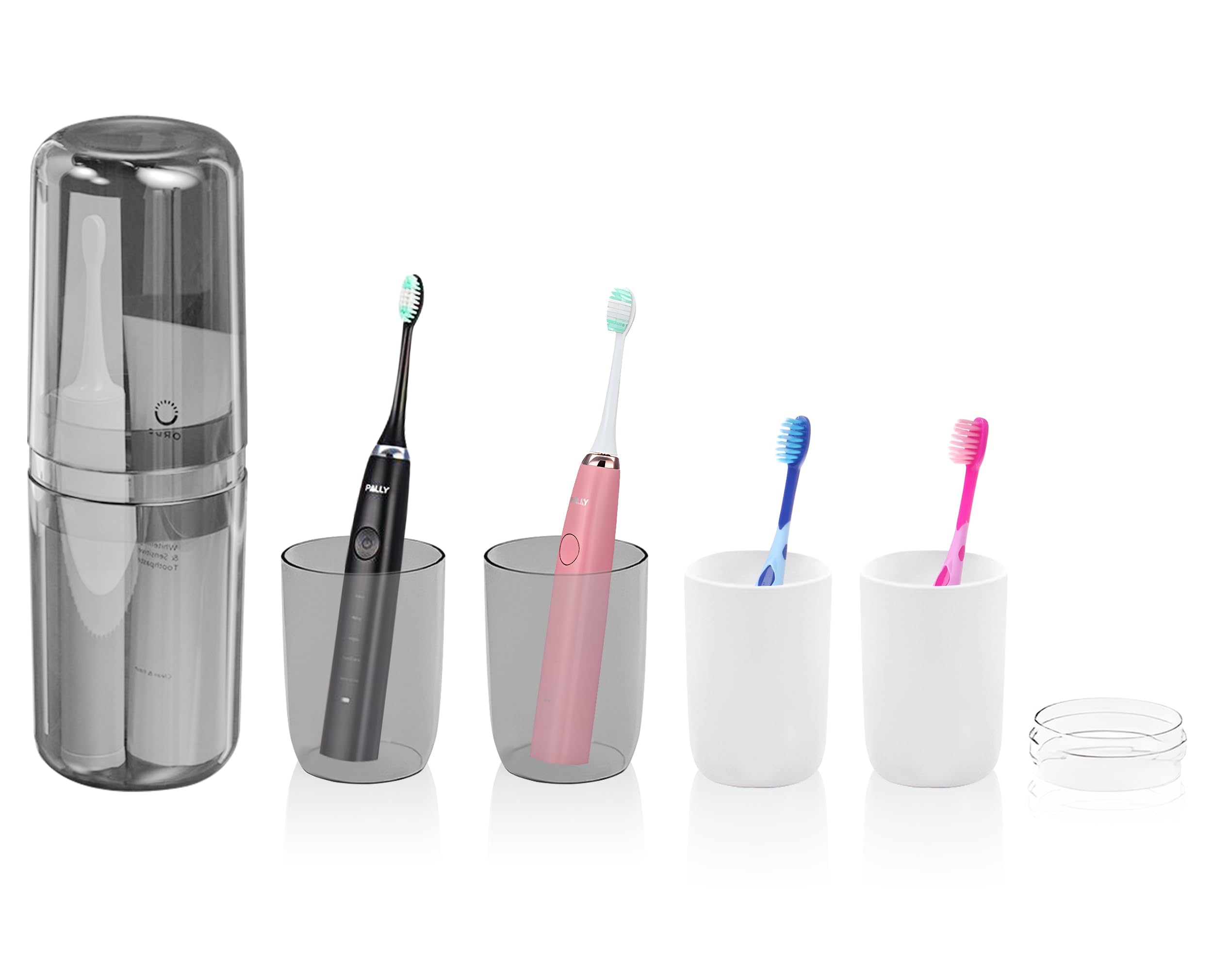 Travel Toothbrush Set 4-in-1 Grey Portable Toothbrush Storage Case Dustproof Bathroom Toothbrush Plastic Cups Toothbrush Holder for Family Suitable for Business Trip Camping Hiking Daily Use