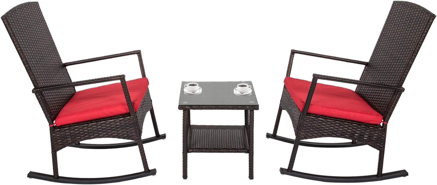 kinbor 3PCS Outdoor Rattan Rocker Chair Side Tea Table Set, Garden Rocking Wicker Lounge w/Red Cushion: Kitchen & Dining