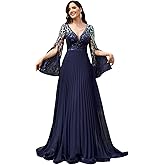 BluePlum Slit Sleeves Pleated Ball Gown for Women Formal Contrast Sequin Maxi Evening Dress Wedding Guest Princess Tail Aline