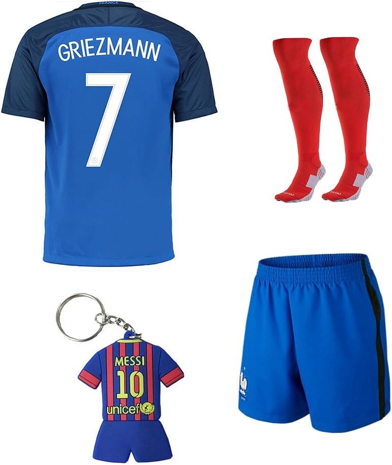 Soccer Kids 2015-2016 Football France Home Jersey Griezmann #7 Kids Team Suit Shirt & Shorts & Socks &Key Chain 3-12 YRS