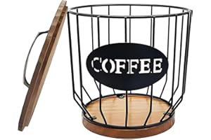 MYTOAU Coffee Pod Holder with Lid, Large Capacity K Cup Holder and Rustic Wooden Base, Black Wire Storage Basket for Kitchen 