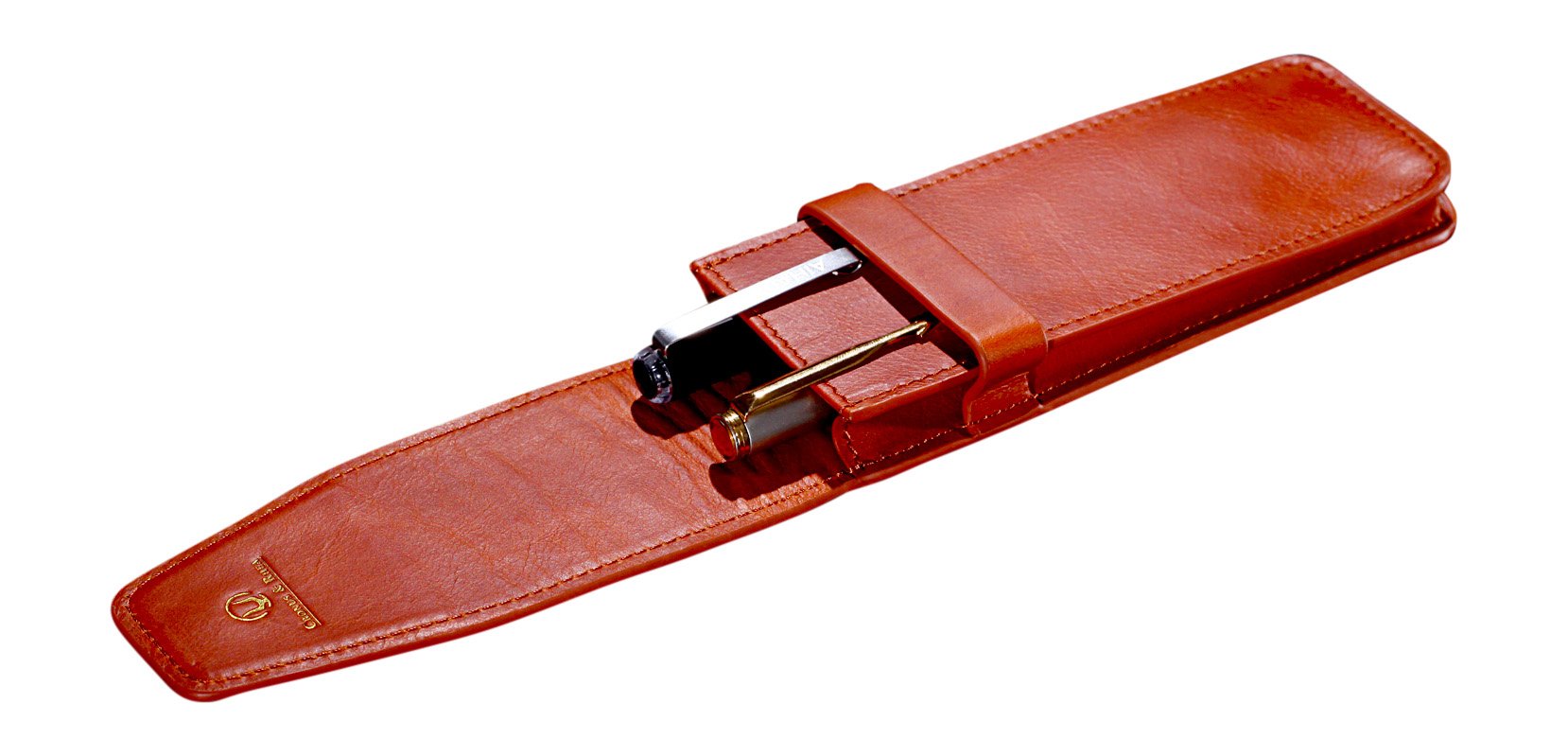 Cronus & Rhea - Pencil Case Made of Leather (Basilisk) - Pen Holder Folder Roller - with Gift Box - Men Women (Cognac)