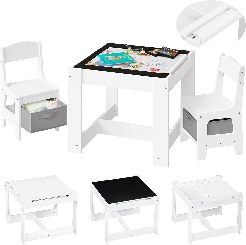 Lestarain Children's Table and Chair Set with Storage, White + Grey