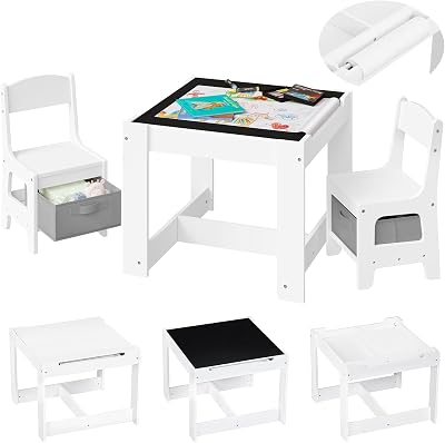 Lestarain Children's Table and Chair Set with Storage, White + Grey