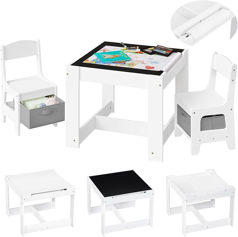 Lestarain Children's Table and Chair Set with Storage, White + Grey