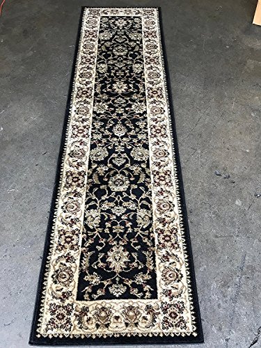 Deir Debwan Traditional Persian Runner Rug Black 330,000 Point Design 601 (31 Inch X 7 Feet 2 Inch)