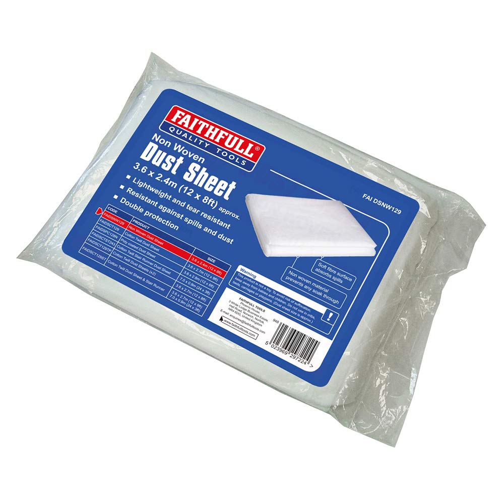 Faithfull Non-Woven Dust Sheet 3.6m x 2.4m (12ft x 8ft) – Spill Resistant Floor & Furniture Protection with Absorbent Surface & Waterproof Backing for Painting & Decorating