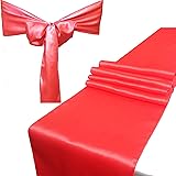Combo Pack - 2 Satin Table Runners 12 x 108 inch & 10 Chair Sashes for Wedding Banquet Decoration, Bright Silk and Smooth Fabric Party Decor (Combo 2 Table Runner + 10 Chair Saches, Coral)