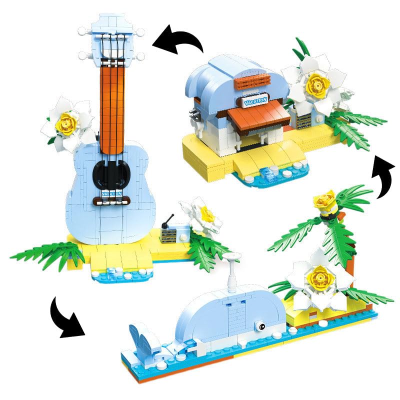DzirePada Ukulele Building Blocks Set, 3IN1 Guitars Whales Tropical Beach House Model Toys, Creativity Animal Constructions Musical Instruments Building Bricks Kit, Ideas Gifts for Adults-415PCS