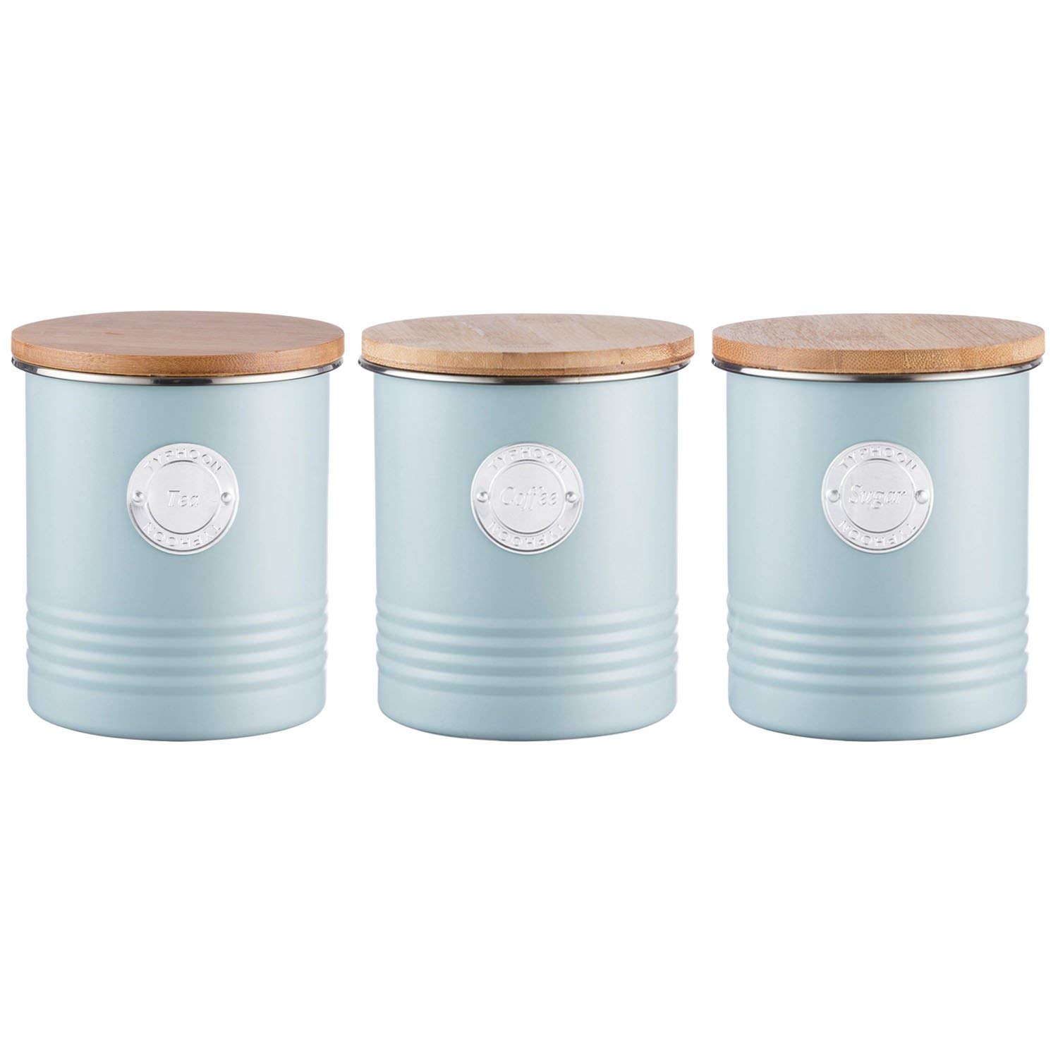 Typhoon Living Airtight Tea, Coffee and Sugar Storage Canister with Bamboo Lid, Set of 3, 1 Litre, Blue